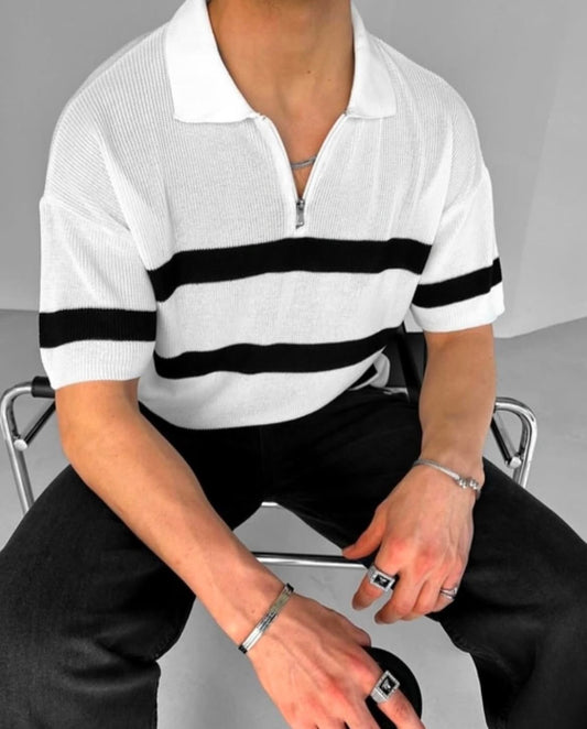 Striped Knit Polo “White/Black”