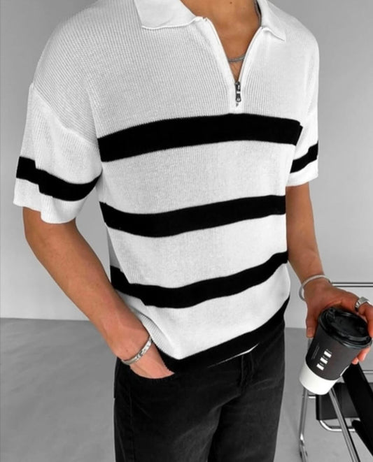 Striped Knit Polo “White/Black”
