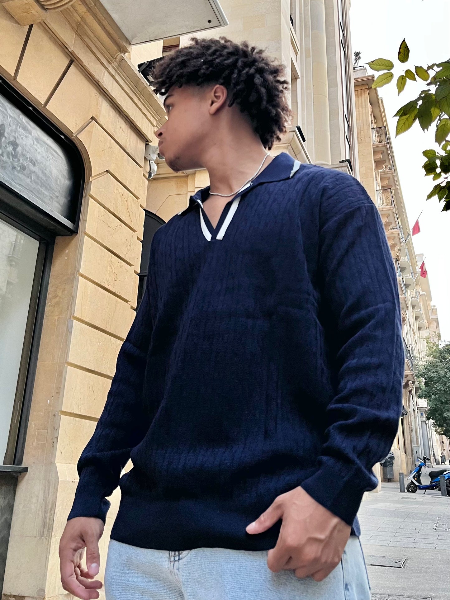 Cable Knit Polo "Navy"